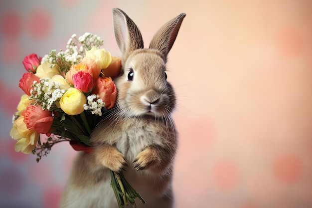 Sorridente simpatico coniglio che tiene bouquet in fiori colorati isolato sfondo caldo