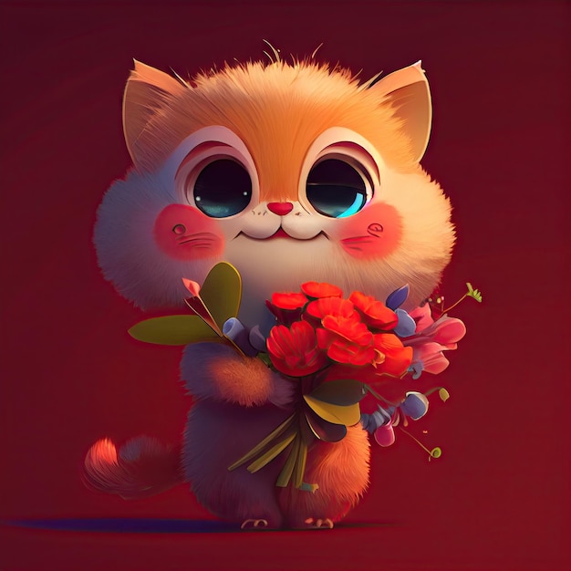 Sorridente simpatico gatto che tiene bouquet in fiori colorati isolato sfondo caldo