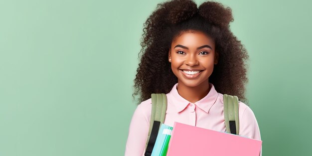 Sorridente studentessa dalla pelle scura con uno zaino e libri di testo su uno sfondo verde chiaro