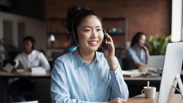 Sorridente telemarketing donna asiatica che lavora in un ufficio del call center