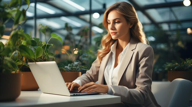 sorridente Una donna d'affari sta lavorando e incontrando online un laptop al bar e in ufficio con uomini d'affari a