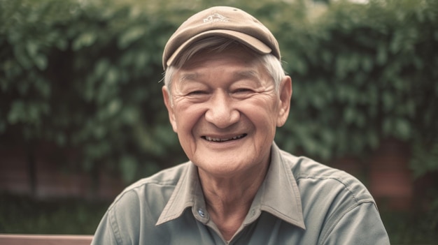 Sorridente uomo anziano scandinavo seduto in giardino guardando la telecamera sorridente Generativo AI AIG20