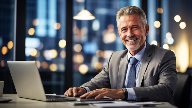 Sorridente uomo d'affari adulto, dirigente seduto alla scrivania con il portatile, professionista felice e occupato.