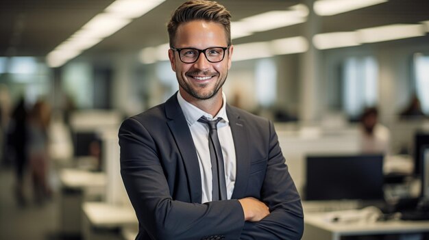 Sorridente uomo d'affari di mezza età sta in un abito sullo sfondo di un ufficio moderno