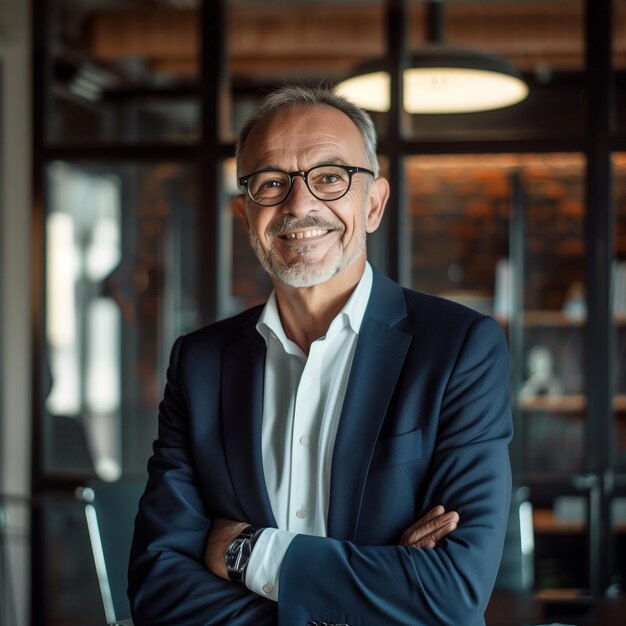 Sorridente uomo d'affari maturo che guarda la telecamera in ufficio elegante e elegante