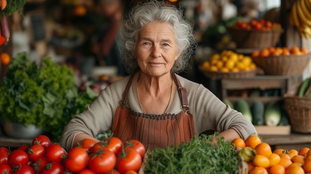 Sorridente venditrice anziana del mercato della frutta con vari prodotti freschi ritratto nonna