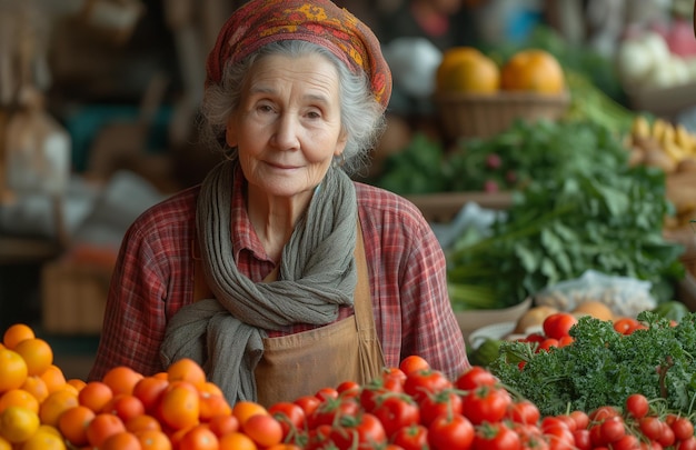 Sorridente venditrice anziana del mercato della frutta con vari prodotti freschi ritratto nonna