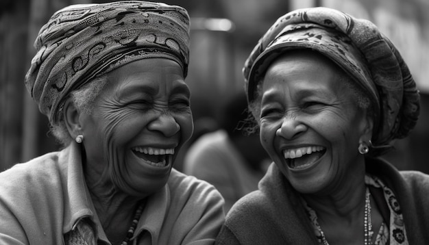 Sorridenti donne in bianco e nero allegre all'aperto guardando la fotocamera generata dall'intelligenza artificiale