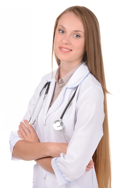 Sorridere femminile del medico isolato