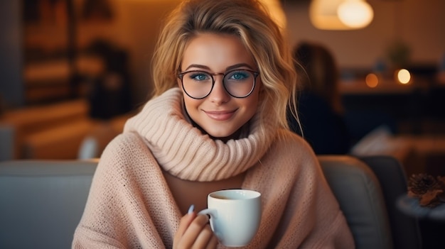 Sorridere una bella ragazza beve tè caldo in inverno Sorridendo una tazza di caffè a casa Una donna eccitata che indossa occhiali e un maglione e ride in una giornata autunnale