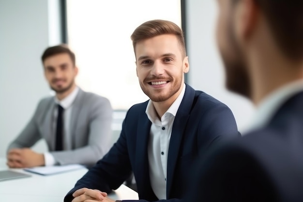 Sorrisi di uomini d'affari e ritratti di uomini in una riunione per gli obiettivi di lavoro in ufficio