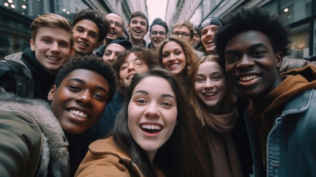 Sorrisi globali che catturano la gioia nei selfie di gruppo di giovani allegri e felici di diverse nazionalità che celebrano l'unità l'amicizia l'armonia culturale in momenti condivisi di felicità e solidarietà