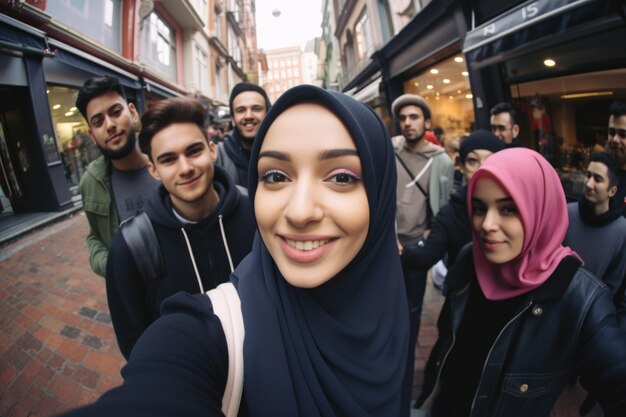 Sorrisi globali che catturano la gioia nei selfie di gruppo di giovani allegri e felici di diverse nazionalità che celebrano l'unità l'amicizia l'armonia culturale in momenti condivisi di felicità e solidarietà