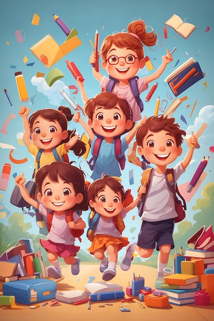 Sorrisi in nuove lezioni immagini a cartone animato di bambini scolastici