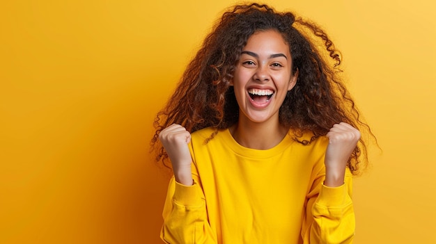 Sorrisi radiosi Donna aborigena australiana piena di felicità e gioia Isolata contro uno sfondo solido con spazio per la copia