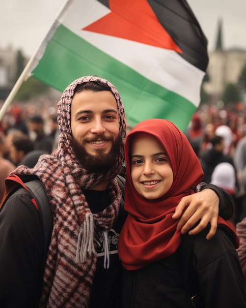 Sorrisi sinceri La famiglia palestinese celebra insieme fuori dalla moschea di Al-Aqsa