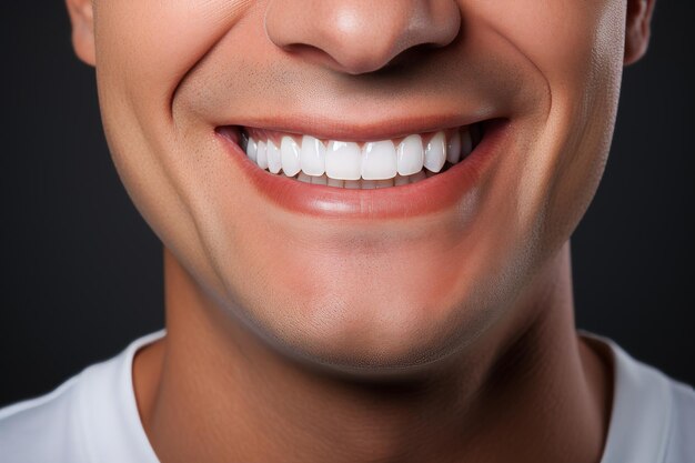 Sorriso abbagliante giovane con denti brillantemente sbiancati su uno sfondo grigio