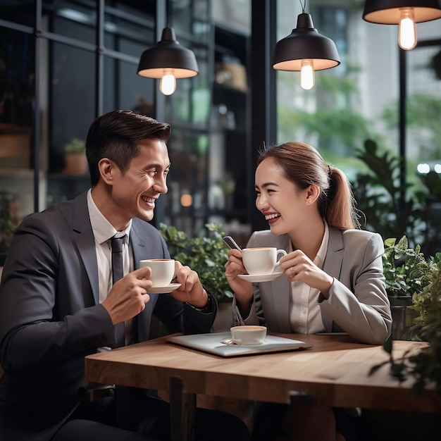 Sorriso della donna dell'uomo di affari che si siede e che beve caffè al caffè