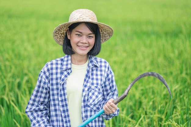 Sorriso di giovane agricoltore donna asiatica e strumento di tenuta in una fattoria di riso verde