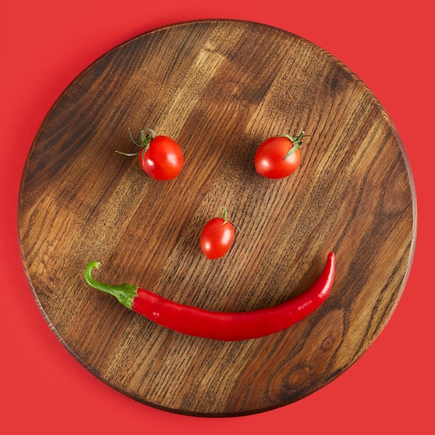 Sorriso di pomodoro e peperoncino Sorriso su una tavola di legno Sfondo rosso Vista dall'alto Piatto lay