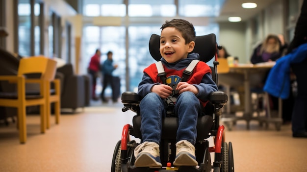 Sorriso di un bambino disabile seduto in sedia a rotelle immagine generata dall'AI