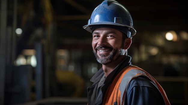 sorriso di un lavoratore al lavoro che indossa un casco