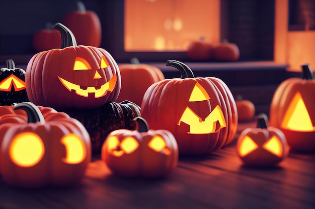 Sorriso di zucca per Halloween e occhi spaventosi per la festa Piano di zucca di Halloween con occhi Illustrazione raster di rendering 3D