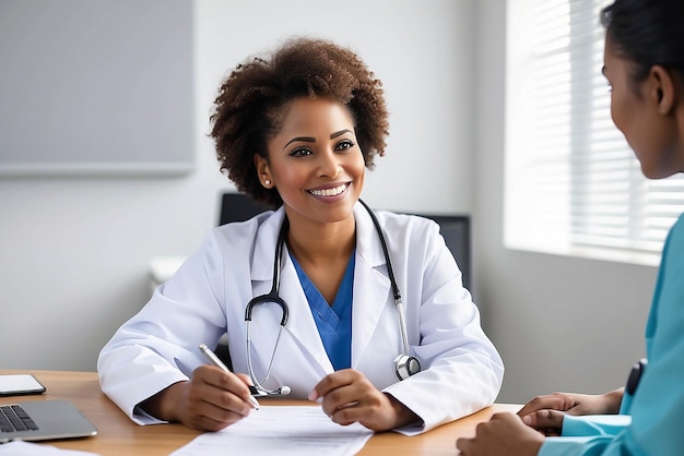 Sorriso donna nera o medico che consulta un paziente in un incontro in ospedale per feedback o supporto sanitario medico o infermiere felice con una persona matura che parla o parla di risultati di test o consigli