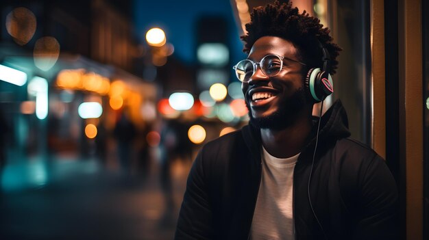 sorriso e musica con un uomo nero nella città concetto ai