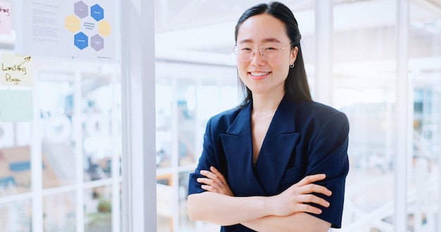 Sorriso felice e volto di donna d'affari in carica per leadership e visione manageriale Dirigente professionale e futuro con ritratto di donna asiatica in agenzia di avvio per carriera o obiettivo mentale