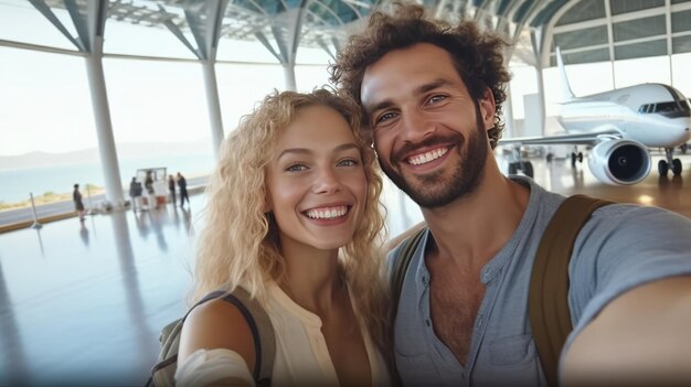 sorriso felice giovane donna e ragazzo amico selfie con borsa da viaggio in aeroporto