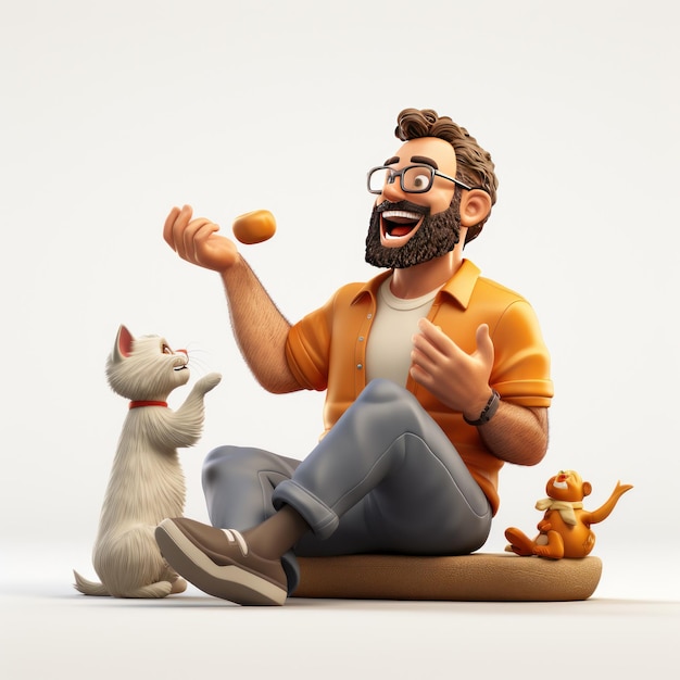 sorriso gioioso uomo e gatto arte 3d