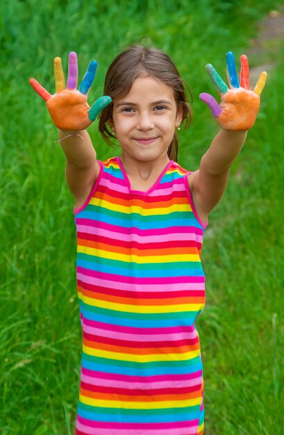 Sorriso sulle mani di un bambino che disegna.