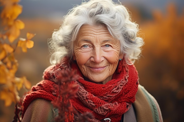 Sorriso vecchia donna su uno sfondo in autunno