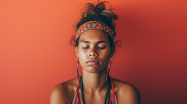Sorrows Embrace Aboriginal Australian Woman riflette la tristezza e il dolore isolati contro uno sfondo solido con spazio di copia