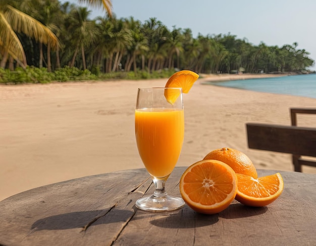 Sorseggiando il sole gustando un bicchiere di succo d'arancia su una spiaggia tropicale