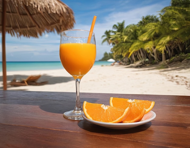 Sorseggiando il sole gustando un bicchiere di succo d'arancia su una spiaggia tropicale