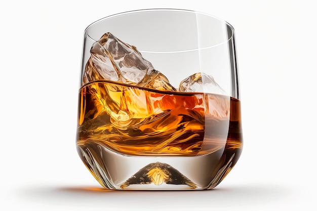 Sorseggiando whisky Un bicchiere di whisky e ghiaccio su sfondo bianco isolato
