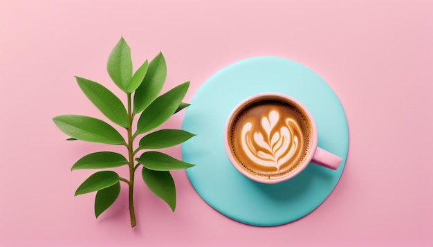 Sorso di creatività Tazza da caffè blu in mezzo a piante delizia su sfondo rosa pastello Un minimalista