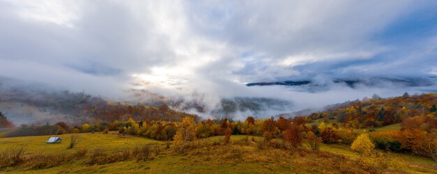 Sorvola paesaggi di verdi colline sotto uno strato di nuvole bianche e soffici