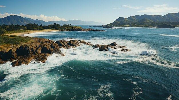 Sorvolando le onde del mare sulla spiaggia di Otur Asturias Spagna