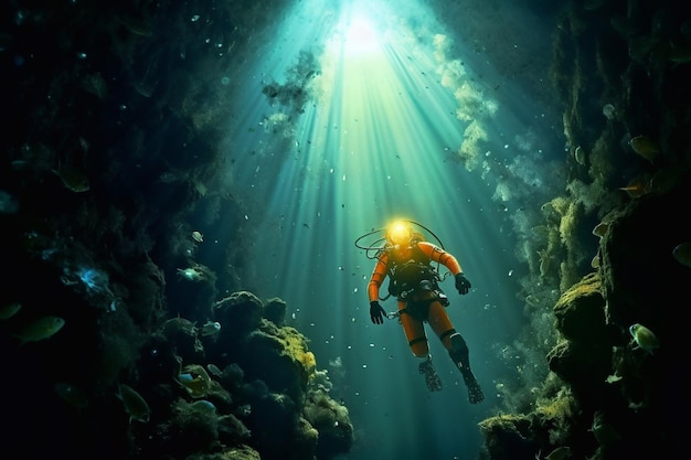 Sosta di sicurezza per immersioni subacquee eseguita nel mare blu profondo Generative AI