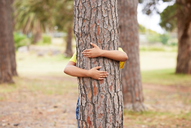 Sostenibilità della Giornata della Terra e bambino con un abbraccio ad albero per un ambiente ecologico in un parco a Taiwan Ricicla l'ecologia e un bambino che abbraccia un tronco in natura per l'amore per l'energia pulita e boschi sostenibili