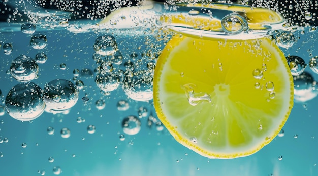 Sott'acqua di limonata zuccherata appena spremuta che fetta di limone crudo che cade in acqua gassata su sfondo blu scuro o nero Primo piano della limonata o della bevanda rinfrescante fredda del cocktail Highball al limone