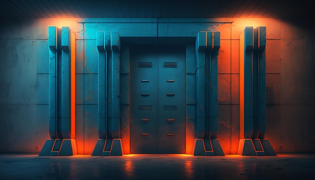 Sotterraneo Neon Arancione Blu Sci Fi Futuristico Roccia Muro Cemento Seminterrato Parcheggio Generativo ai