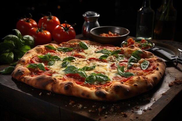 Sottile pizza margherita fresca, formaggio fuso, ambiente accogliente pizzeria generativo IA