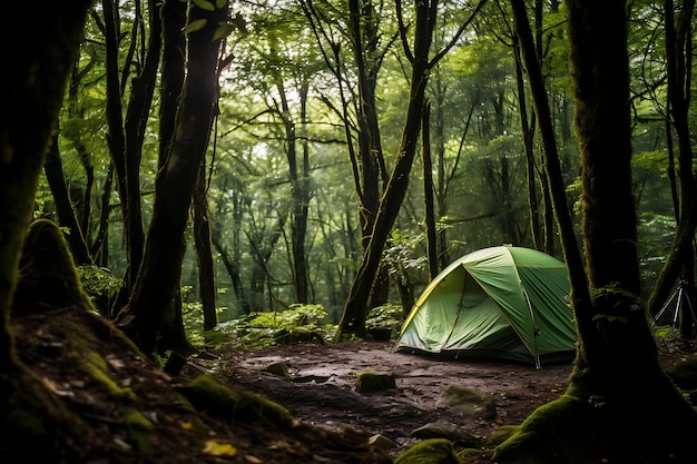 Sotto il baldacchino, una tranquilla foto di campeggio nella foresta