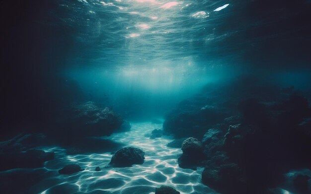 Sotto l'acqua il fondo di sabbia La luce brilla sotto l'acqua L'acqua limpida Il fondo marino vuoto La superficie di sabbia