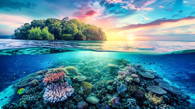 Sotto l'acqua si vede una barriera corallina e in lontananza una piccola isola tropicale