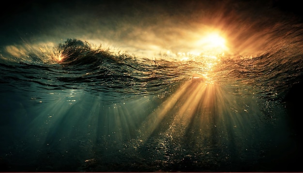 Sotto l'oceano marino con la luce del sole sott'acqua